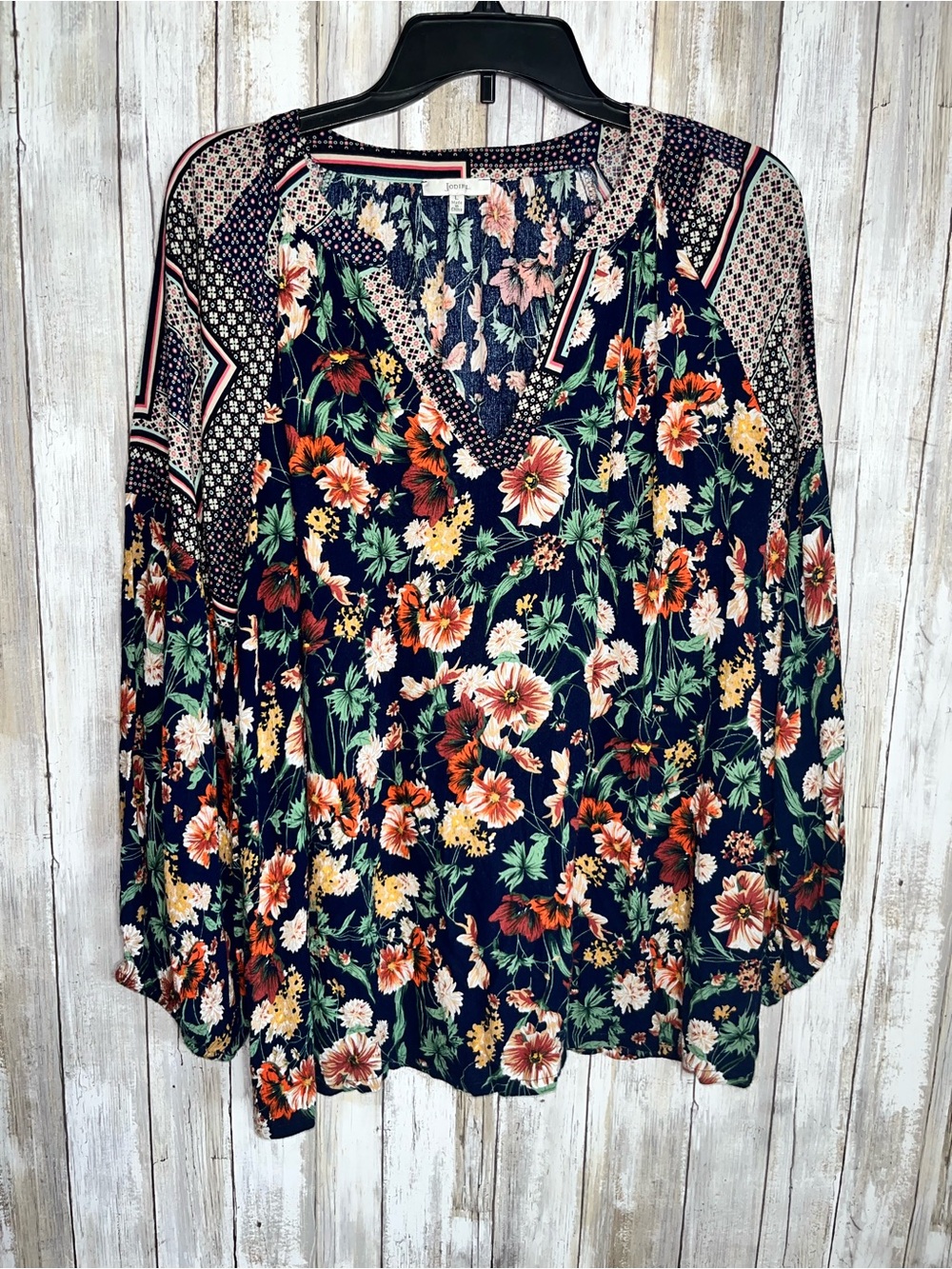 Jodifl Navy Floral Boho Peasant Blouse Long Sleeve Lightweight Top Size L - Picture 2 of 6
